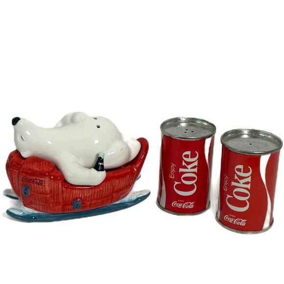 Vintage Metal Coke Cans & Ceramic Coca Cola Polar Bear Sled Salt Pepper Shakers